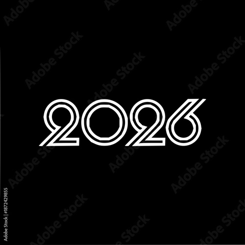 New Year 2026 celebration number graphic design with white outline on a black background, symbolizing upcoming events and countdowns
