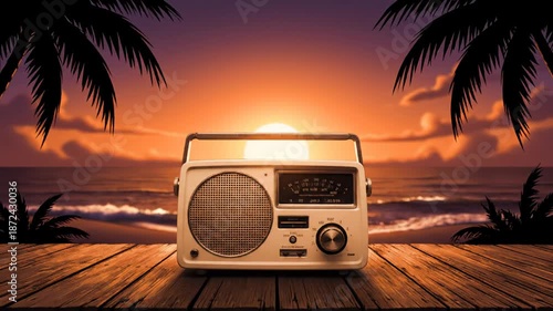 Vintage radio centered on wooden table at tropical sunset beach