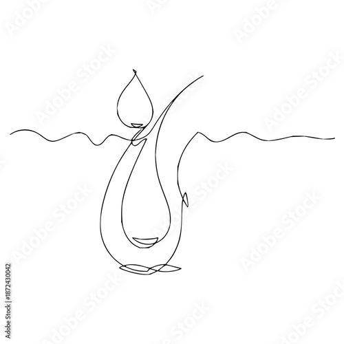 Elegant continuous line illustration of a water drop creating subtle ripples, representing natural elements, serene motion, and the purity of liquid