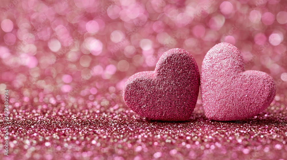 Fototapeta premium Two pink glitter hearts sitting on a sparkly pink background with a bokeh effect