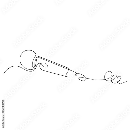Abstract continuous line drawing of a sleek microphone with its coiled cable, a minimalist illustration symbolizing sound, voice, and musical performance