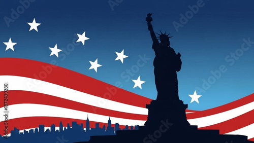 Silhouette of the Statue of Liberty against a waving American flag and New York City skyline, symbolizing freedom and patriotism.