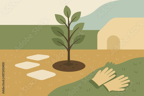 Tree vector colors earth warm no background characters minimalist icon planting blue