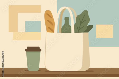 Vector tote cup modern groceries any shelf earth no sky text icon