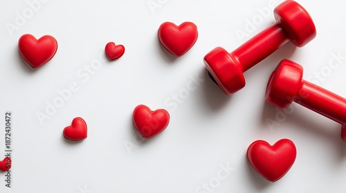 A creative arrangement of red hearts and dumbbells on a white background symbolizing love and fitness