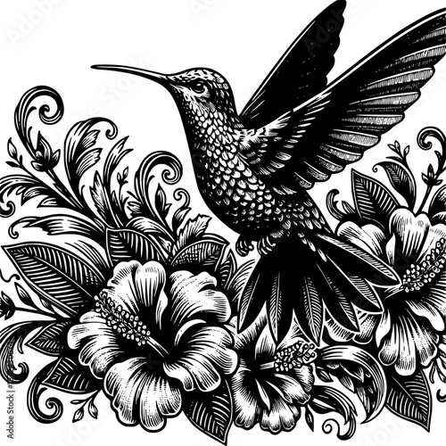 Hummingbird's Floral Dance: A detailed monochromatic engraving portrays a hummingbird hovering mid-flight amongst a delicate arrangement of blooming flowers.