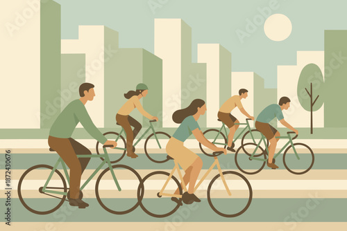 Modern icon cityscape cyclists minimalist numbers captions style vector emojis sage illustration