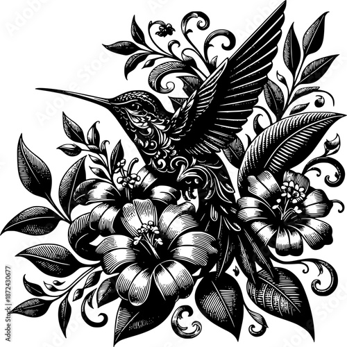 Hummingbird Engraving: Intricate line art depicts a hummingbird hovering amidst floral and foliage elements, showcasing the elegance of nature's design.
