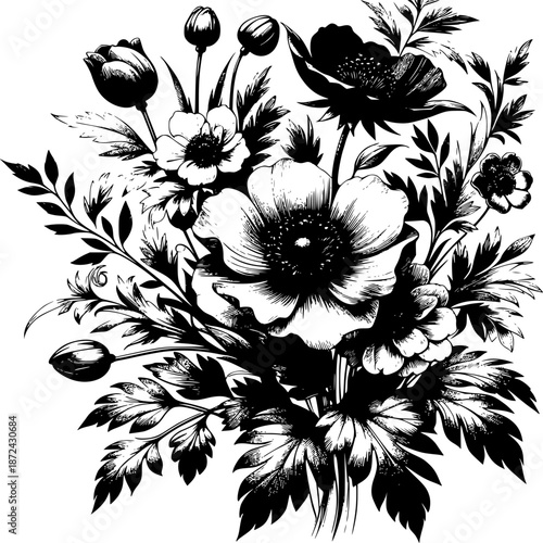 Floral Symphony in Monochrome: A captivating, grayscale illustration of an elegant bouquet, showcasing the delicate beauty of each bloom in exquisite detail.
