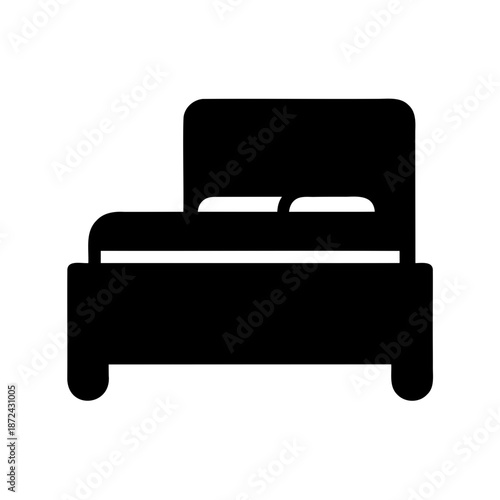 Minimalist black silhouette of a bed with headboard and pillows against white background