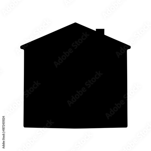 Simple black silhouette of a house with a pitched roof and chimney on a white background
