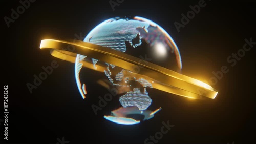 Digital globe with glowing golden ring background animation