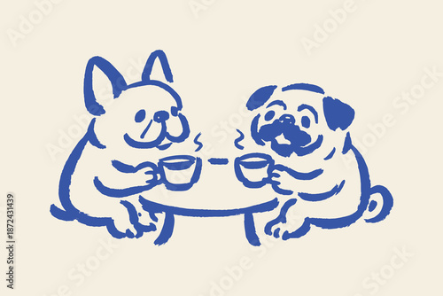 Dogs drinking coffee doodle line art vector illustration