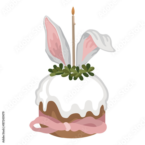 Hand-drawn Easter cake composition with bunny ears, bow and candle and floral green wreath, Easter greeting card design