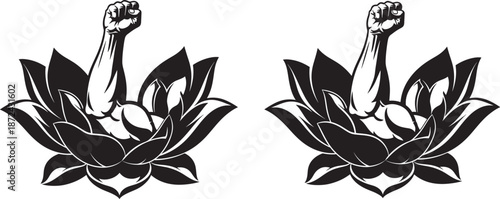 Powerful Clenched Fist Rising from a Lotus Flower Vector Illustration, Symbol of Inner Strength, Resilience, and Growth