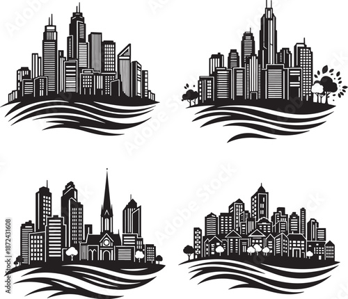 Set of Modern City Skyline Silhouettes with Waterfront and Urban Architecture Shapes