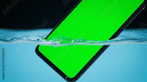 Smartphone with green screen partially submerged in clear water