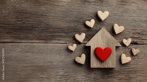 A small wooden house with a red heart surrounded by smaller hearts on a wooden surface