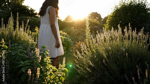 Cinematic woman walking slowly through garden in soft morning light