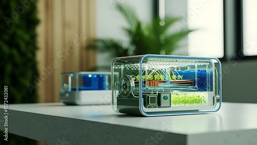 Transparent 3D models of electronic devices on a white table with a blurred background and plants