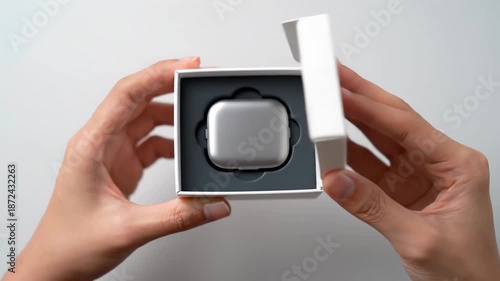 Hands opening small product box to reveal new device