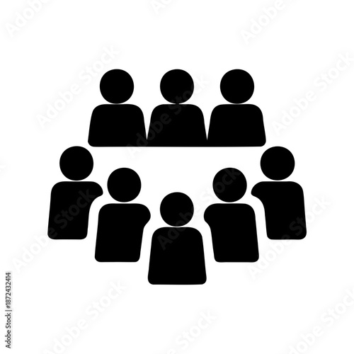 A simple black and white icon illustration showing a group of eight people gathered together
