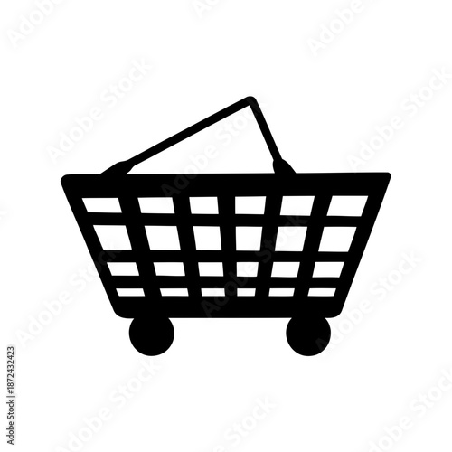 Black silhouette of a shopping basket with wheels, perfect for e-commerce and retail designs