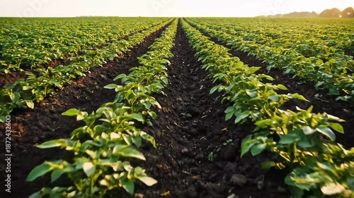Lush potato field in rows under clear sky, Vast field of green potato plants growing in neat rows under a clear sky