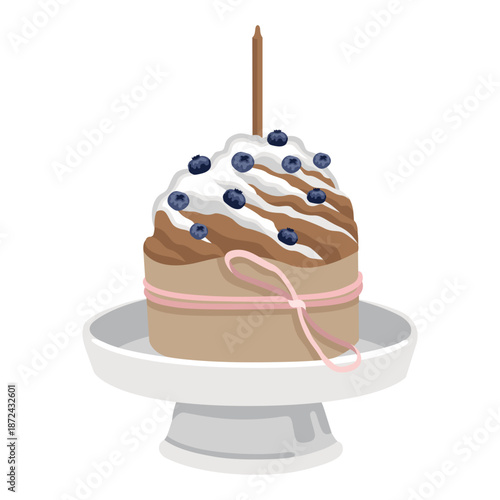 Hand-drawn Easter cake composition with cake stand, bow and candle and berries, Easter greeting card design