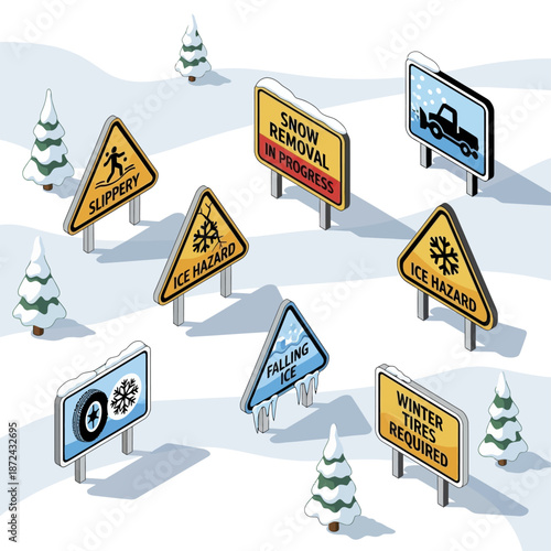 Collection of Winter Weather Warning Signs.