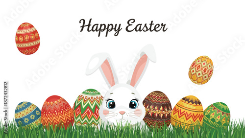 Cute white Easter bunny peeks through green grass surrounded by many colorful patterned eggs with a Happy Easter greeting on a white sky.