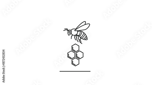 Simple black and white line drawing depicts a honeybee hovering above a small group of hexagonal honeycomb cells on a clean white background.
