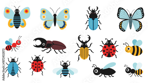 Collection of colorful cartoon insects and bugs including butterflies, beetles, ladybugs, bees, and ants isolated on white.