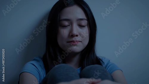 Sad woman sitting alone with eyes closed in dark room