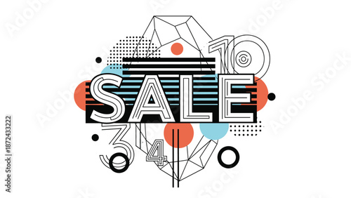 Modern geometric sale banner design with bold typography combined with circles, lines, and polyhedral shapes in a retro color palette.