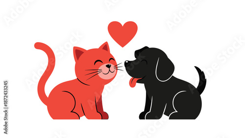 Sweet illustration of a red cartoon cat and a black puppy touching noses with a red heart floating above them on a white background.