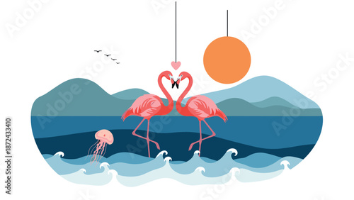 Serene coastal landscape featuring two pink flamingos touching beaks to form a heart shape with mountains and a jellyfish in the waves.