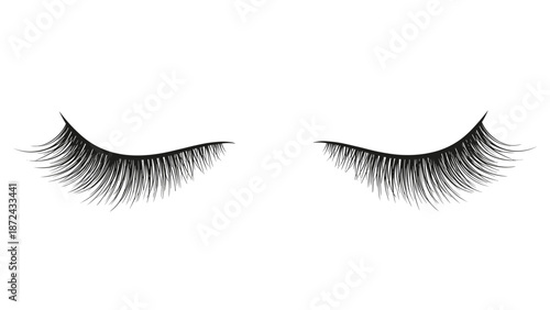 Detailed illustration of a pair of long thick black eyelashes in a curved shape representing closed or downward looking eyes.