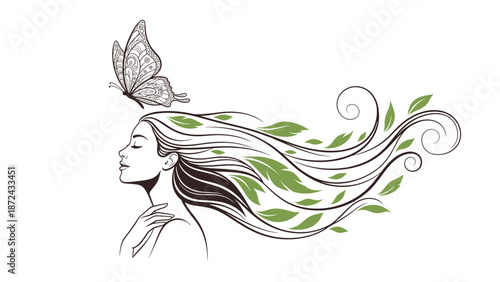 Artistic profile of a woman with long flowing hair filled with green leaves and a delicate butterfly landing on her forehead on white.
