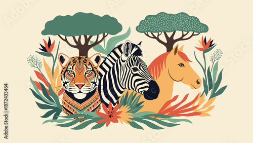 Artistic depiction of three jungle and savanna animals including a tiger, a zebra, and a gazelle surrounded by lush tropical foliage.