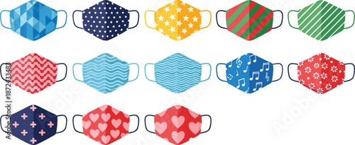 Colorful face mask collection, reusable protective masks, medical safety, health care, virus prevention, fashion patterns, hygiene concept, pandemic protection, illustration set