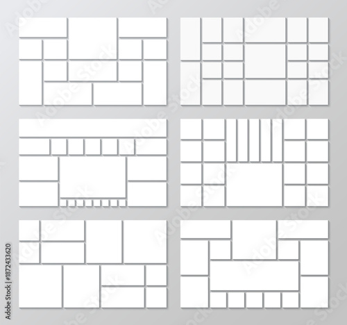 Collection of mosaic templates. Mood board frame set. Photo collage layout. Moodboard pictures grid. Portfolio images isolated on gray background. Album brandboard. Vector illustration