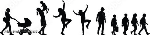 Human life stages silhouette, family generation evolution, childhood to adulthood, parenthood, growth, lifestyle journey, people development, age progression, life cycle