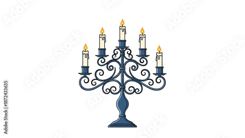 Elegant dark blue candelabra holding five white burning candles with bright yellow flames against a plain white background.
