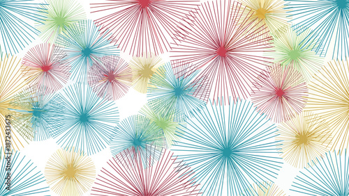 Vibrant abstract pattern of multi colored bursting star shapes or firework explosions with fine lines on a white background.