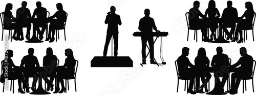 Live music performance silhouette, singer on stage, keyboard player, audience tables, entertainment event, concert show, nightlife, celebration, performance, party