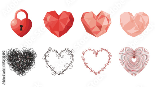 Diverse collection of heart symbols in various styles including low poly, geometric, padlock, scribble, and ornamental designs.