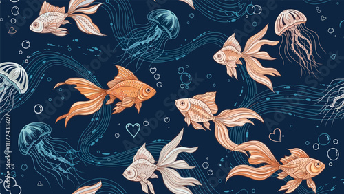 Enchanting underwater pattern featuring golden fish and delicate jellyfish swimming through deep blue waters with heart and bubble accents.