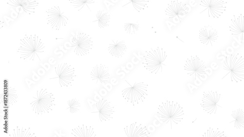 Minimalist and sparse pattern of light gray stylized dandelion seeds floating freely across a bright white background.