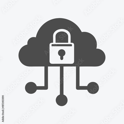 A dark gray cloud with a lock and circuit connections symbolizes security